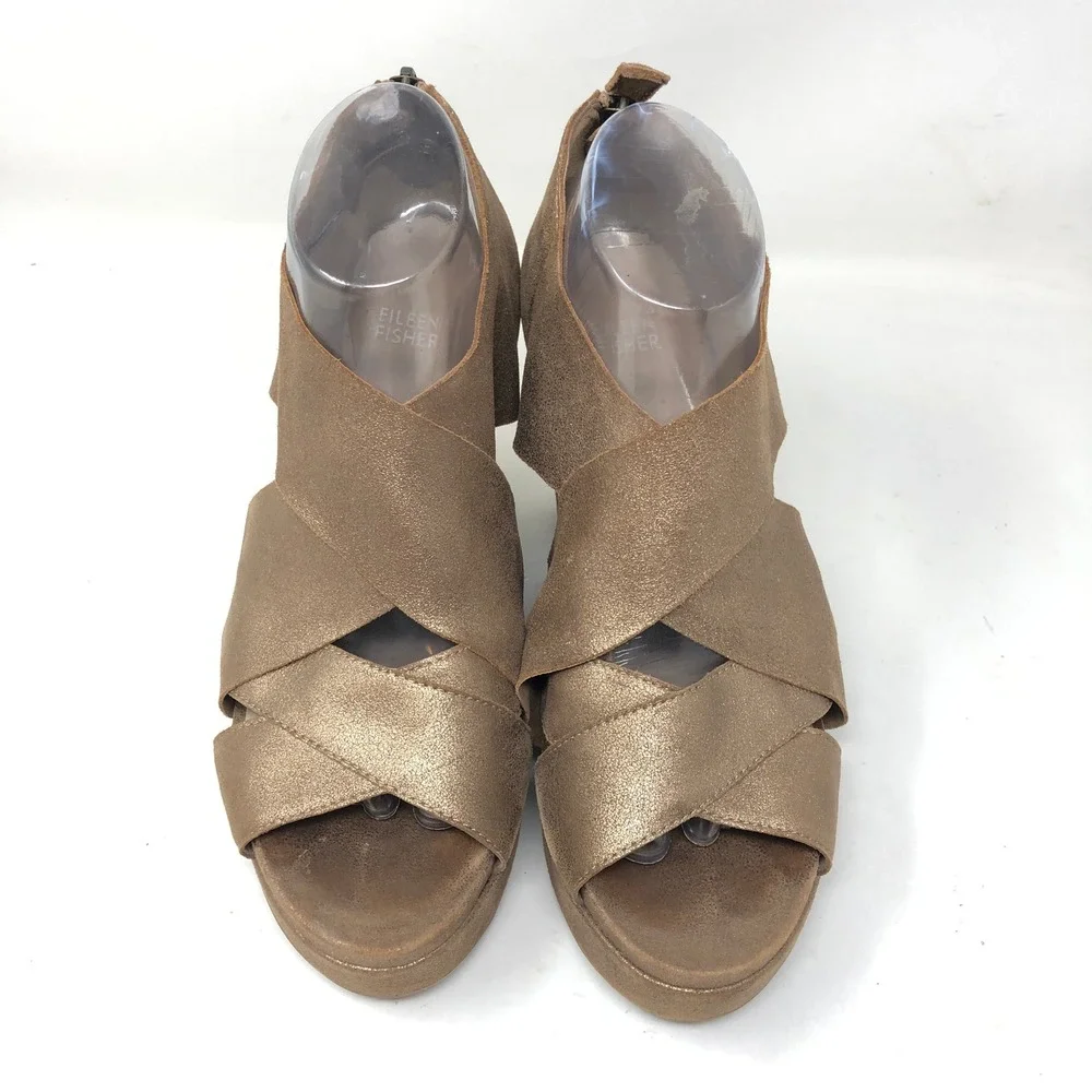Eileen Fisher Womens 9.5 Bella Wedge Sandals‎ Bronze Leather Shimmer Platform